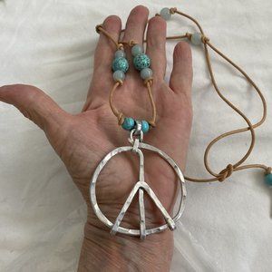 Hammered Aluminum Peace Symbol with Aqua and Turquoise Beads  by Meigsart